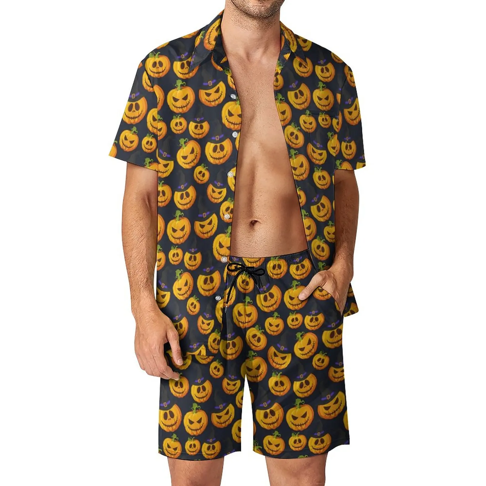 

Kawaii мужские комплекты с тыквой Счастливого Хэллоуина повседневные шорты пляжная рубашка комплект Летний Новый костюм с принтом с коротким рукавом Одежда большого размера