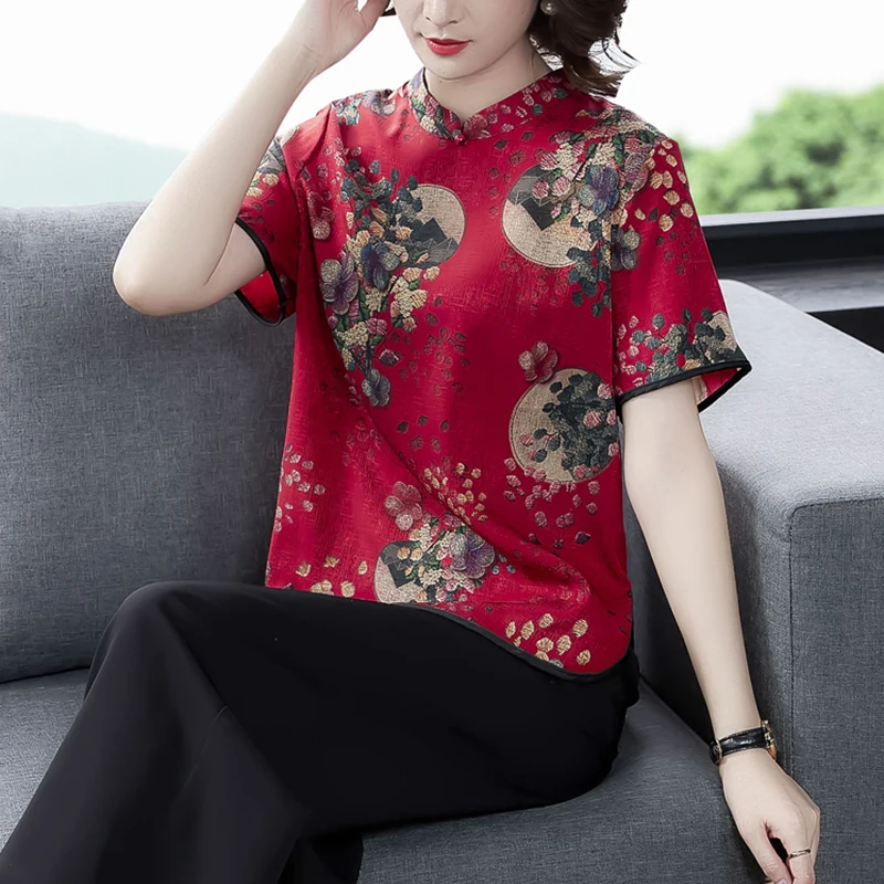 

COIGARSAM Blouse Women Spring 2022 Chinese Style Vintage Silk Short Sleeve Blusas Womens Tops And Blouses Dropshipping
