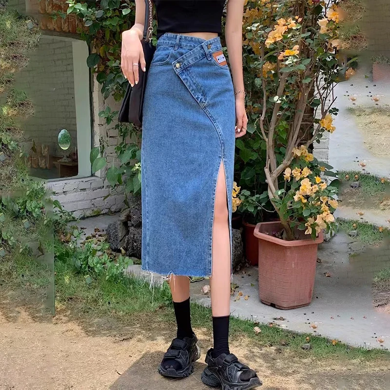 2022 Summer Korean Fashion Single Breasted Knee Length Denim Midi Skirt for Women Streetwear High Waisted Straight Jeans Skirt