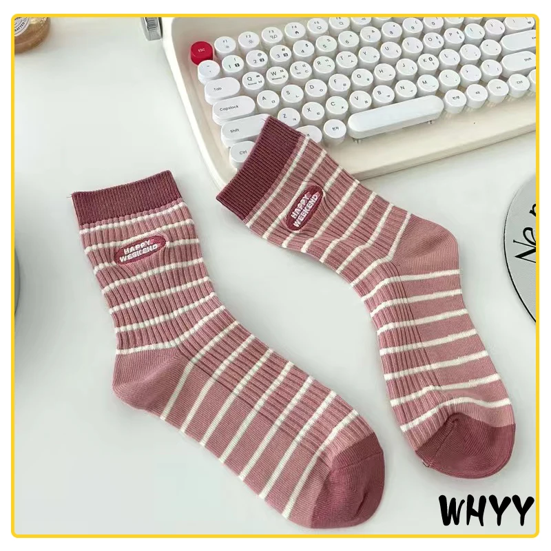 

Cotton Knitting Striped Long Socks Solid Color Harajuku Retro Black White Crew Socks Japanese High School Girls Cute Loose Socks