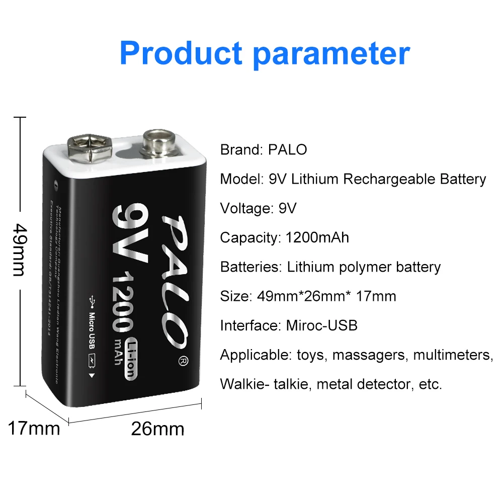Аккумуляторная батарея PALO 6F22 1200 мАч крона 9 В зарядка через USB литий-ионные
