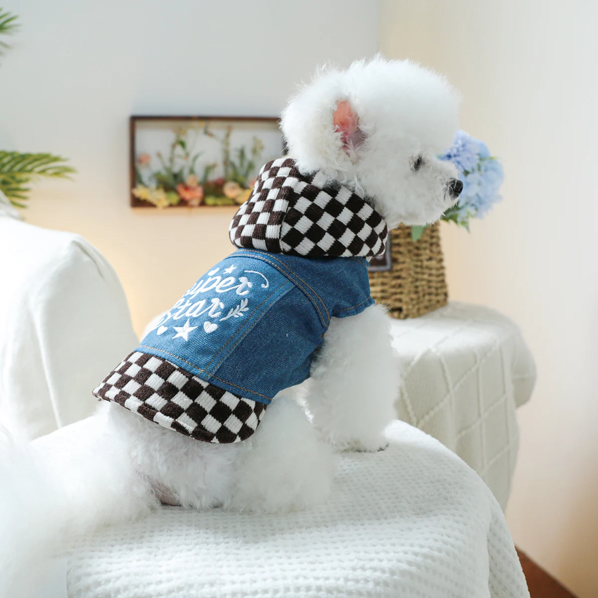 Одежда для домашних собак Весенне-осенняя коричнево-белая джинсовая шапка Kori со
