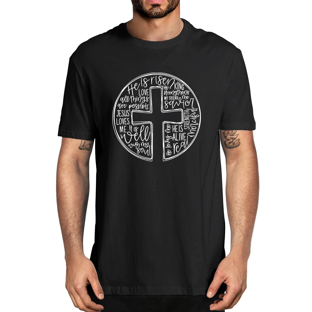 

100% Cotton He Is Risen Cross With Words Christian Easter Cross Summer Men's Novelty T-Shirt Women Casual Streetwear Soft Tee