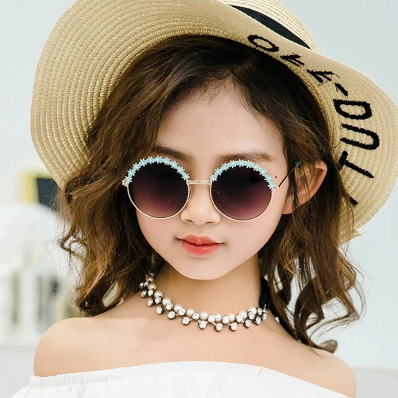 

Round Kids Sunglasses Water Diamond Shining Flower Baby Children Shades Sun Glasses Girls Cute Half Frame Metal Eyewear UV400