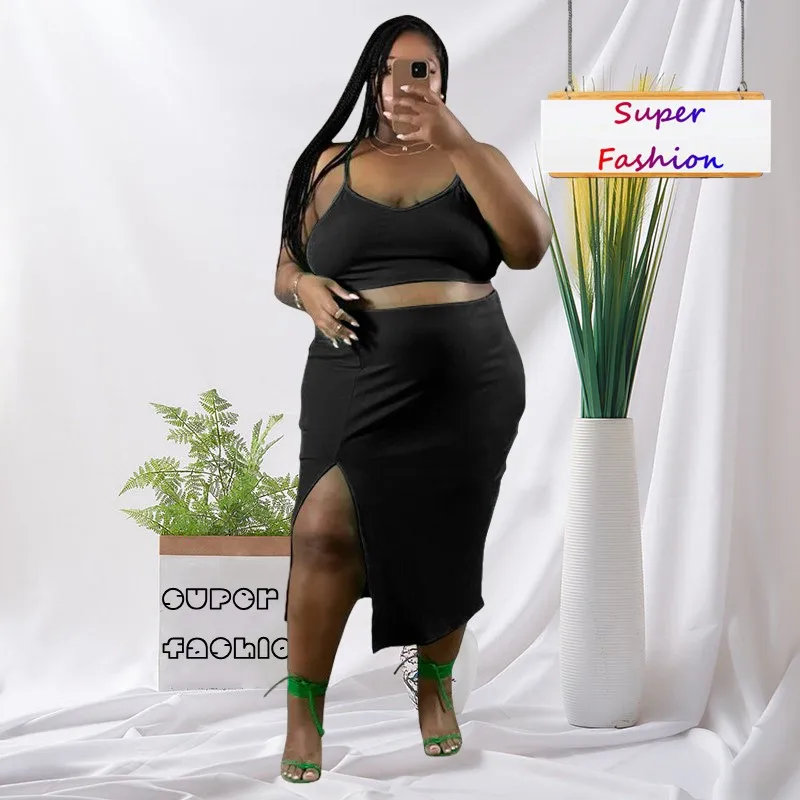 

WSFEC L-4XL новые модные летние костюмы с юбкой большого размера, женская одежда, комплект из двух предметов, топ без рукавов и юбка с разрезом, женские наряды