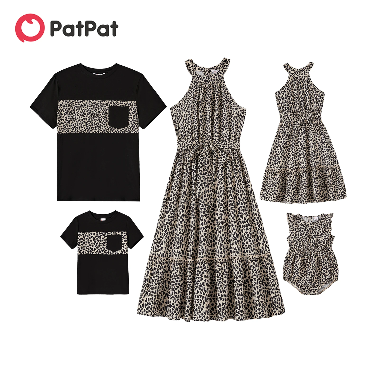 

PatPat Family Matching Outfits Cotton Short-sleeve Spliced T-shirts and Leopard Print Halter Neck Sleeveless Belted Dresses Sets