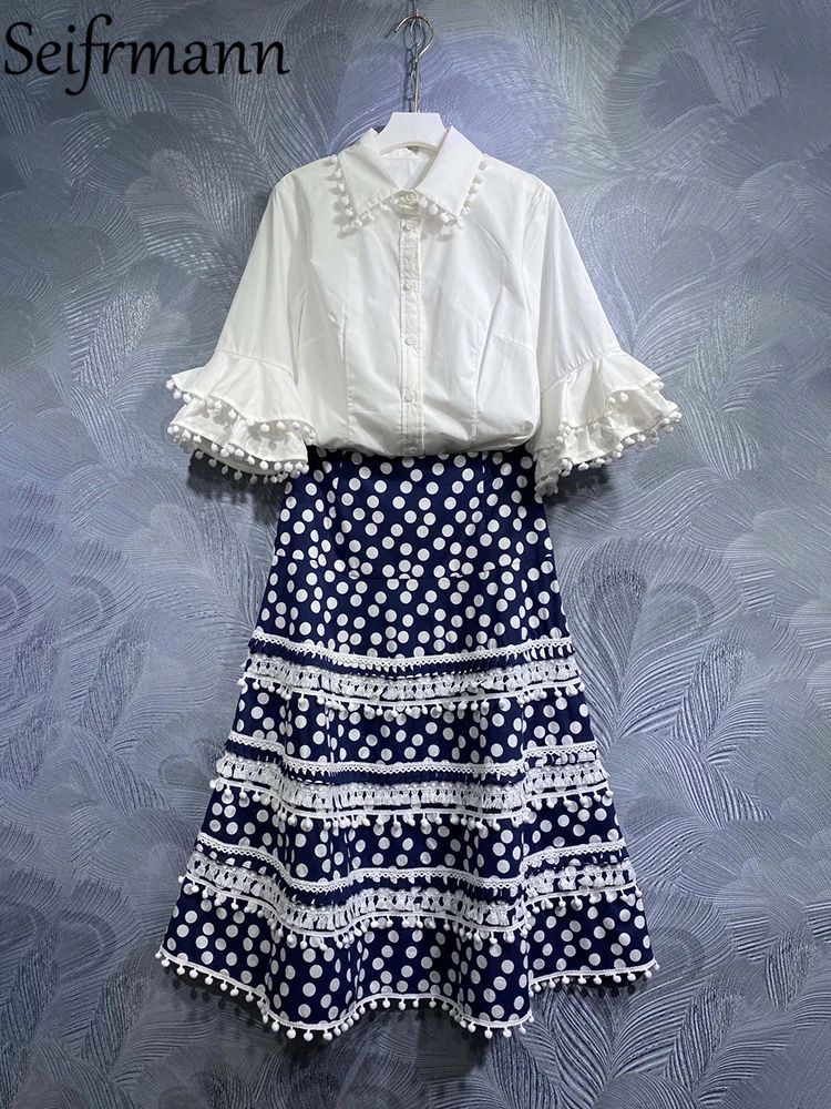 

Seifrmann High Quality Summer Women Fashion Runway Cotton Skirts Sets Flare Sleeve White Shirts + Dot Print Trim Hem Skirt Suits
