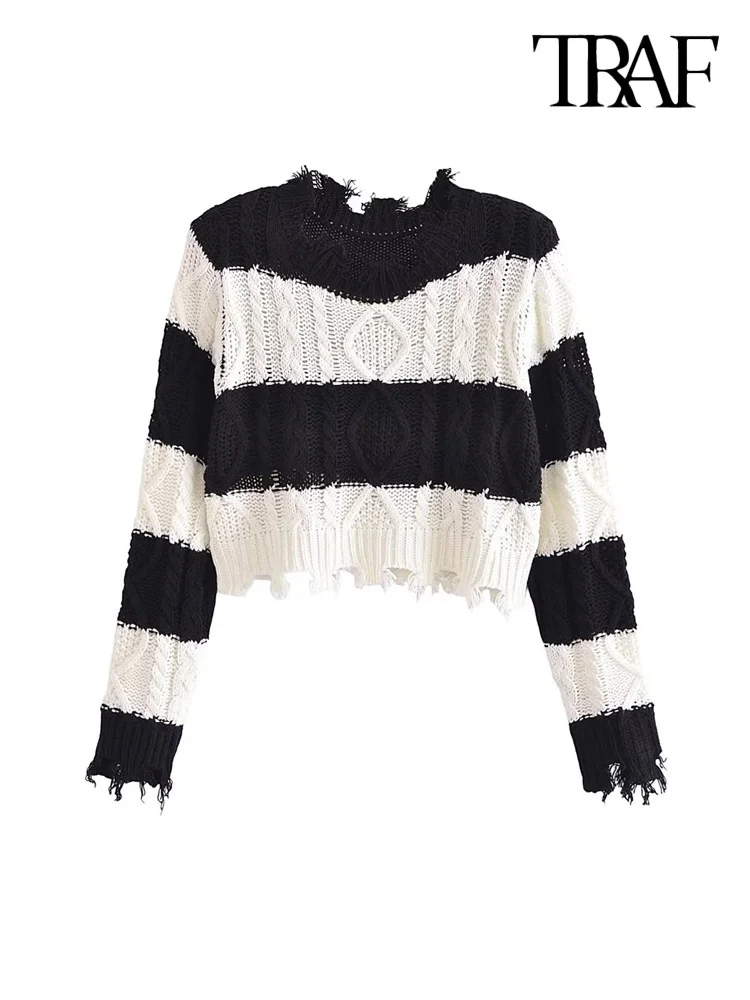 

TRAF Women Fashion With Frayed Trim Striped Cropped Knit Sweater Vintage O Neck Long Sleeve Female Pullovers Chic Tops