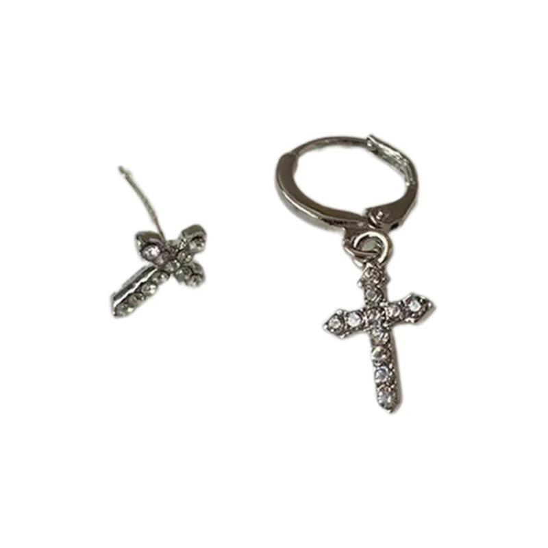 

Punk Silver Cross-shape Stud Earrings Hip Hop Asymmetric Rhinestones Jewelry 264E