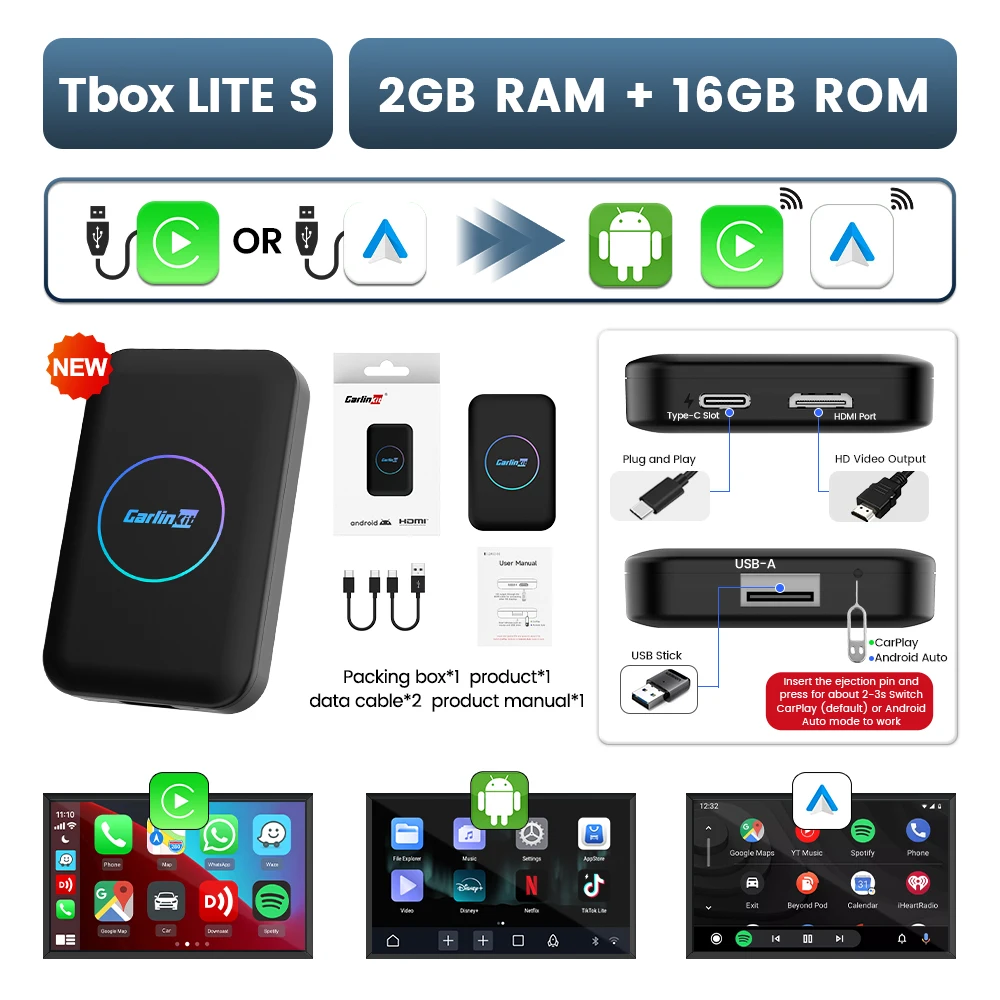 

CarlinKit HDMI Android TV Box Smart CarPlay Android Auto беспроводной адаптер для автомобильного воспроизведения видео поддержка YouTube Spotify IPTV 5-в-1