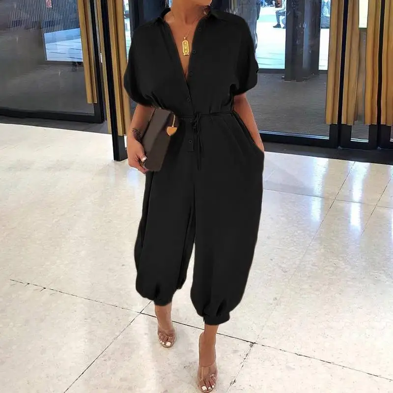 Summer 2023 Fashion Overalls Women Solid Colors Casual Commute Jumpsuits Short Sleeve Polka Dot Rompers New Plus Size Playsuits