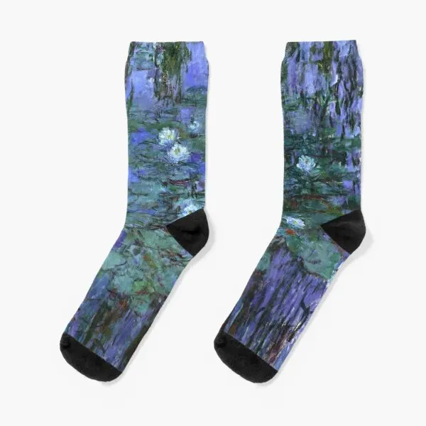 

Blue Water Lilies Claude Monet Crew Socks Cartoon Sports Cotton Mens Girls Breathable Winter Short Cute Ladies Autumn Women