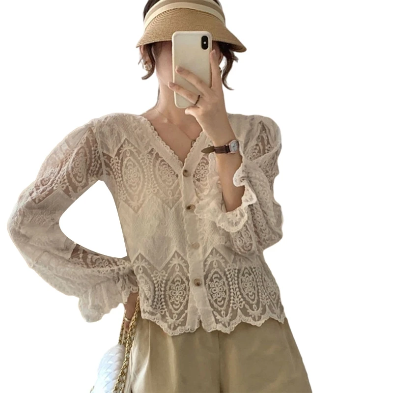 

Women Spring Puff Long Sleeve Lace Cropped Cardigan French Style V-Neck Button D