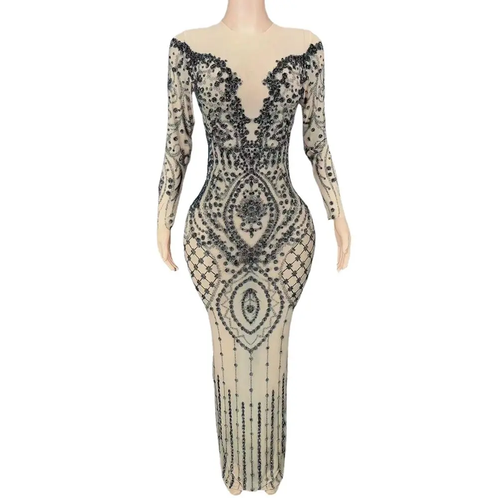 

Блестящее длинное платье стразы, сексуальное Сетчатое прозрачное вечернее платье с длинным рукавом для празднования выпускного вечера, дня рождения, женская одежда для выступления певицы