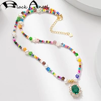 black angel natural freshwater pearl necklace with green zircon pendant fashion bohemian style jewelry colorful beads girl gift