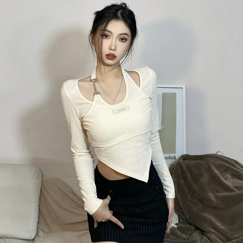 

Women's Top Autumn Outfit Crop Top Halterneck False Two Pieces Long Sleeve
