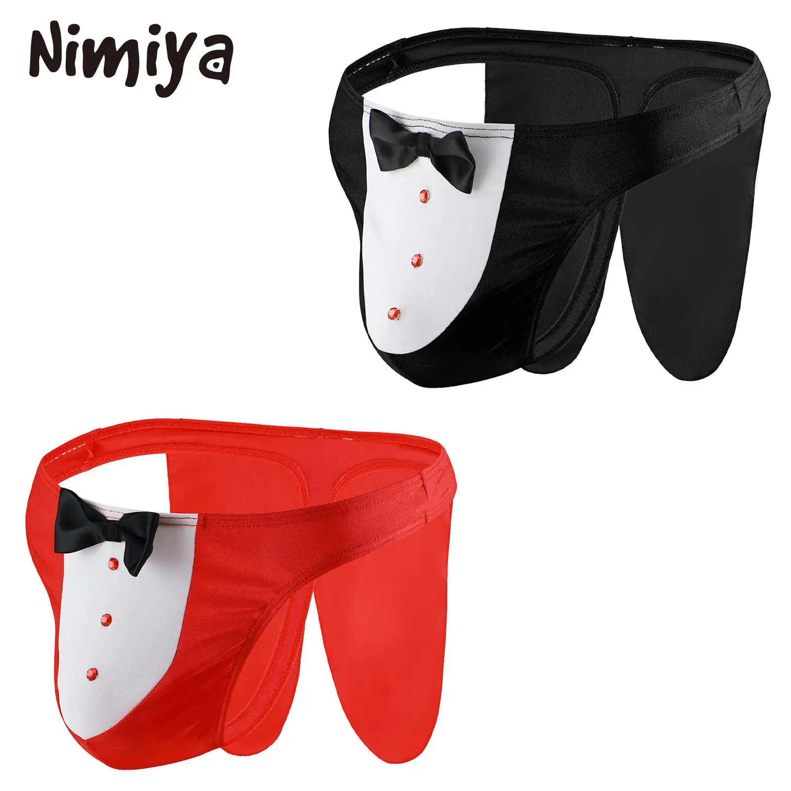 

Nimiya Men Black/Red Polyester Color Block Low Waist Thongs Bulge Pouch Brief Nightclub Underwear with Bowknot Button Underpants