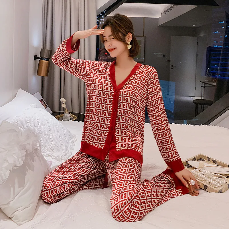 PICKBIRD Pajamas women's spring and autumn thin ice silk long-sleeved cardigan suit can be worn outside the net red home clothes