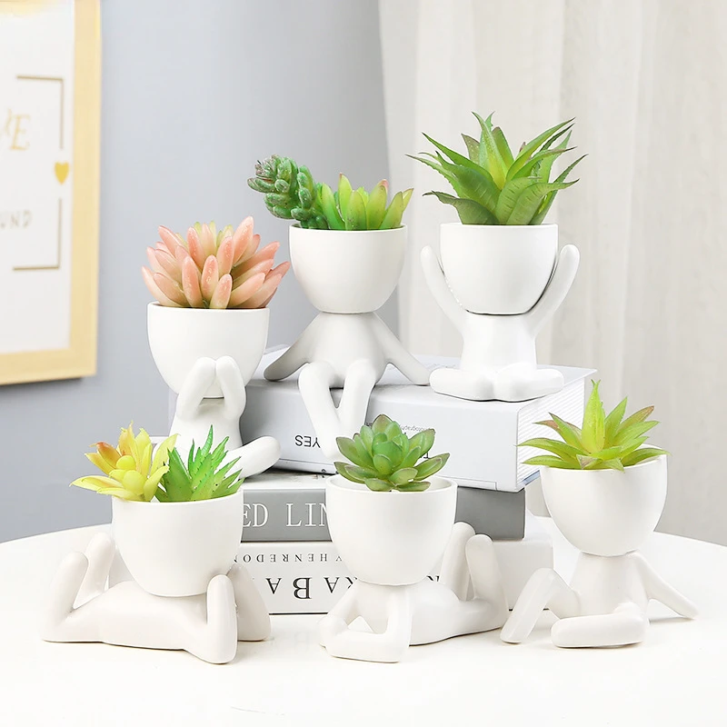 

Green Plant Potted Ornaments Abstract People Vase Flowerpot Modern Black White Ceramic Figure Flower Pot Vase Flower Arrangement