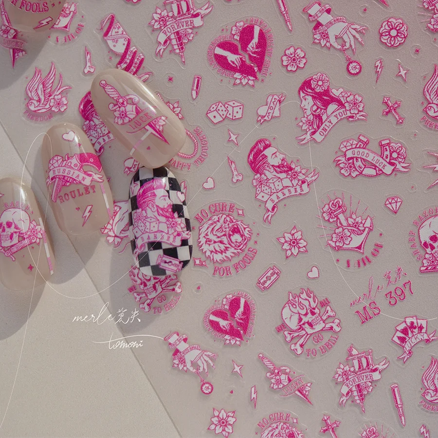 1 Шт. 5D Розовые Наклейки Для Ногтей С Человеческим Скелетом