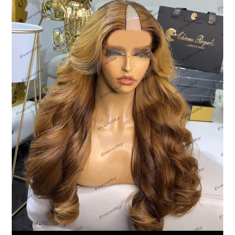 Peruvian 100% Virgin Human Hair Ombre Golden Honey Brown 1x4 V Part Wigs for Women Glueless Loose Wave Soft Remy U Part Wigs