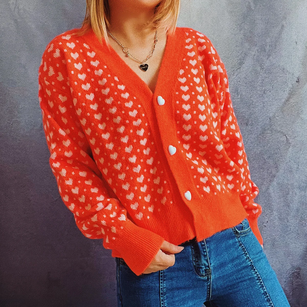 

OMCHION Cardigan Mujer 2022 Autumn And Winter New Loose Short Knitted Cardigan Cute Heart Sweater Jacket Women Chic Clothing