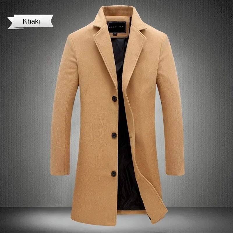 

2022 Autumn and Winter Long Cotton Coat New Wool Blend Pure Color Casual Business Fashion Men's Clothing Slim Windbreaker Jacket