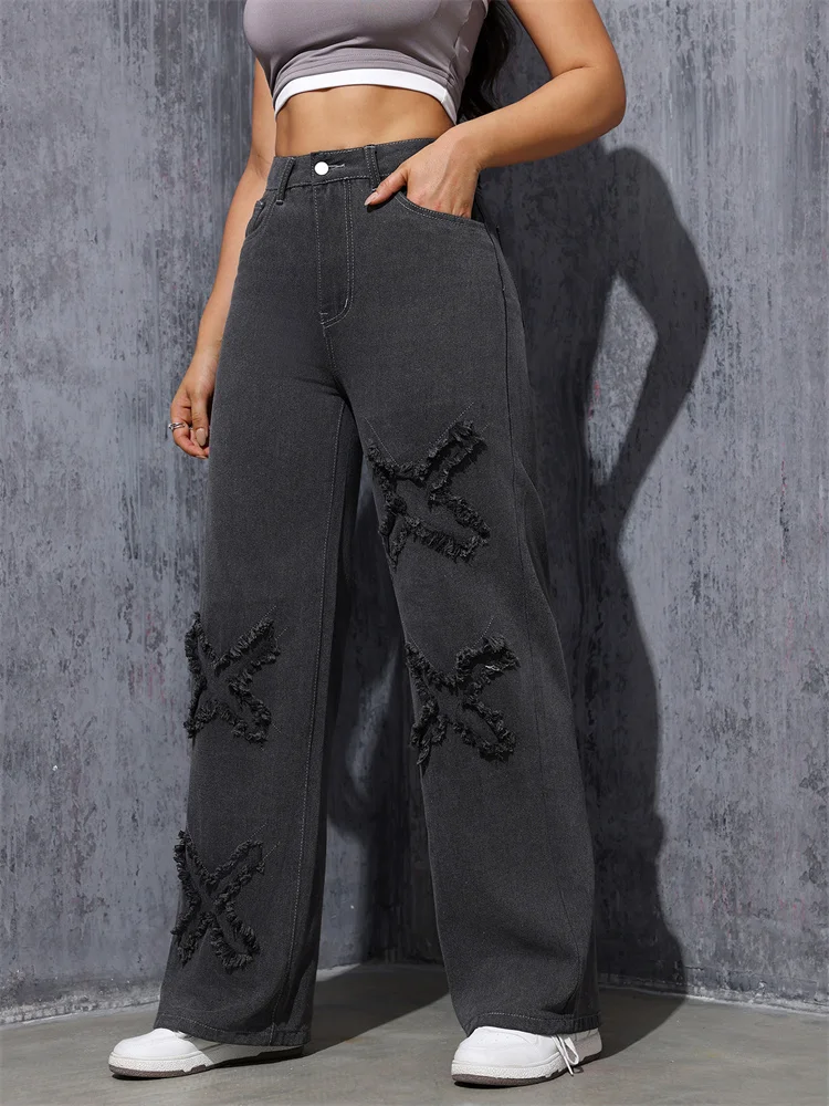 Брюки с надписью Personality X уличные узкие серые джинсы прямые брюки прямой талией