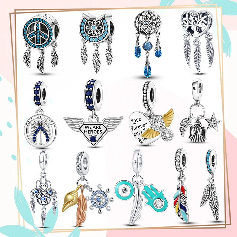 Серебряные бусины 925 пробы Ловец снов с крыльями из перьев украшение сделай сам