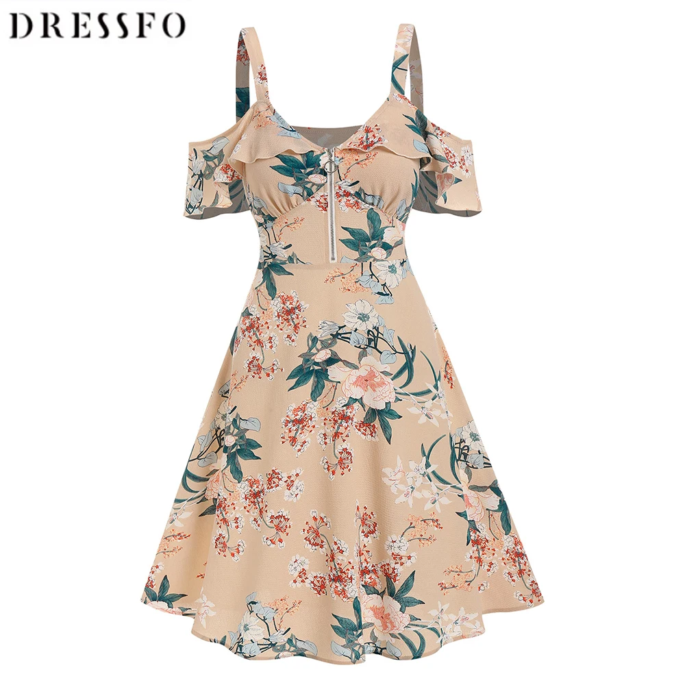 

Dressfo Women Dresses Cold Shoulder Sundress Ruffled Floral Print Flower Print Open Shoulder Resort Style Summer Fashion Dress