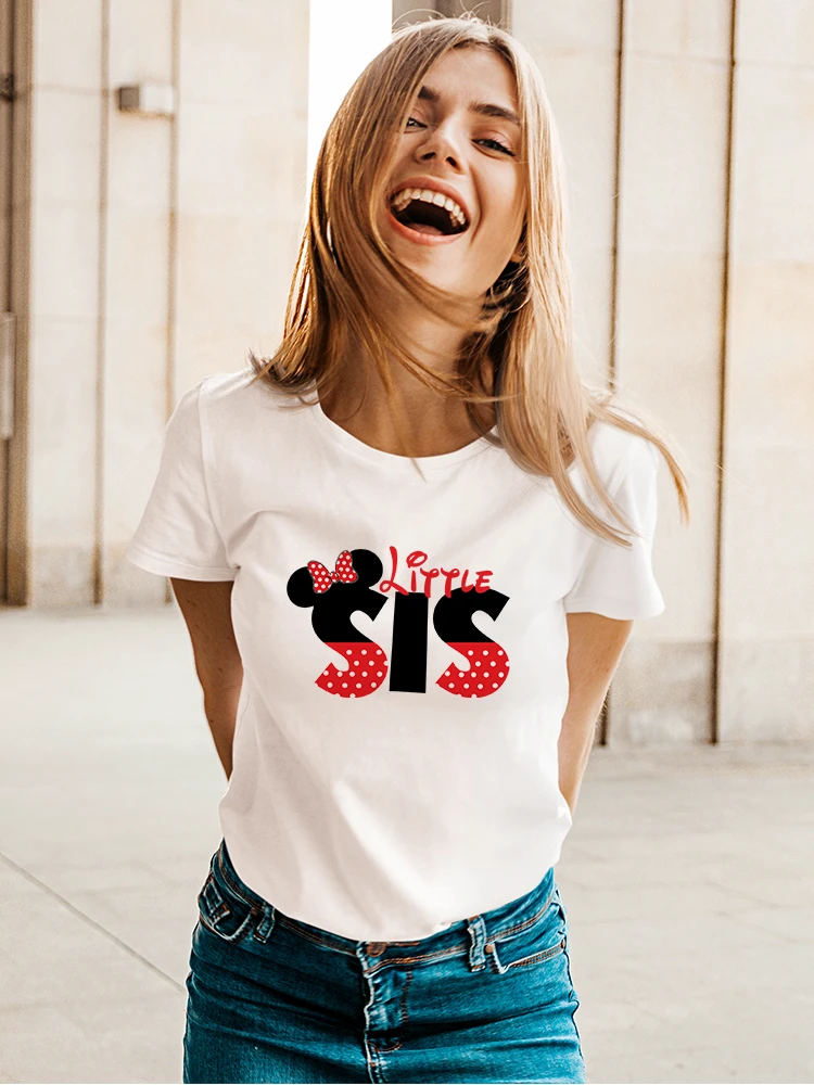 

Disney New Products Kawaii Women T-Shirts Dropship Minnie Mouse Creativity Print Little Sis Letter Female T Shirts Comfy Clothes