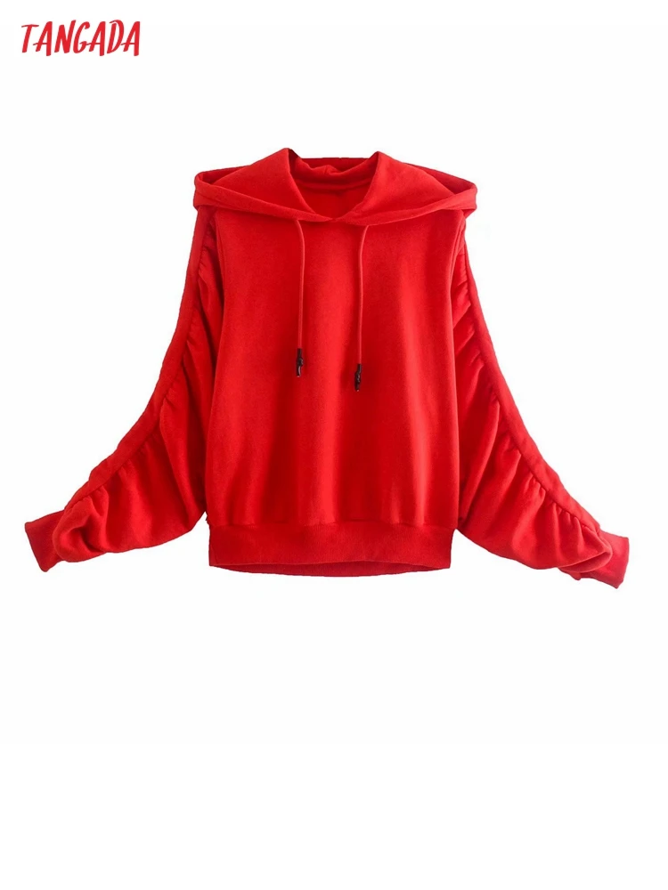

Tangada Women Red Fleece Hoodie Sweatshirts Pleated Long Sleeve Oversize Ladies Pullovers Pocket Hooded Tops 6P94