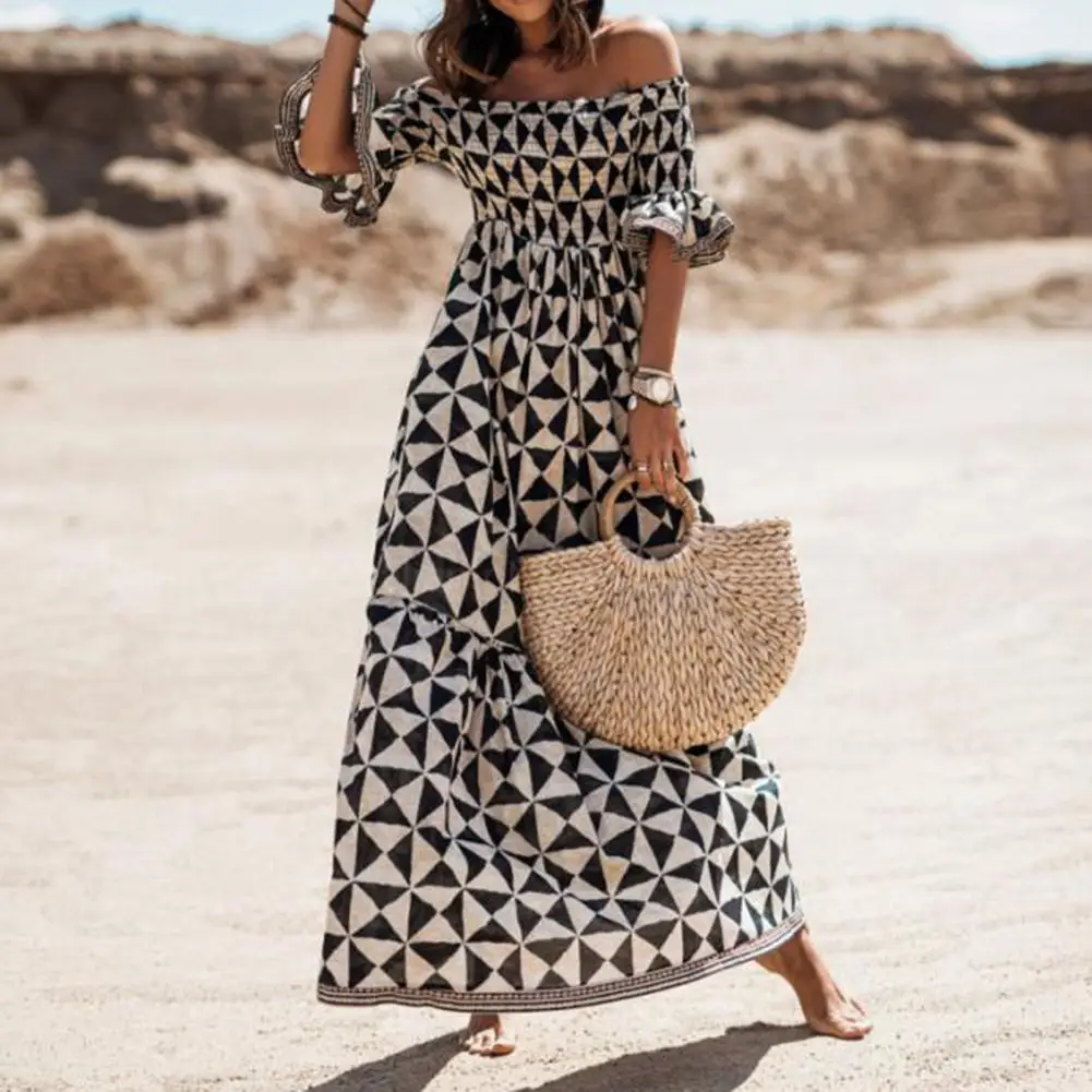 

Summer Off The Shoulder Boho Long Dress Elastic Bandeau Flared Short Sleeve Geometric Print Long Dress Sexy Maxi Women Dress