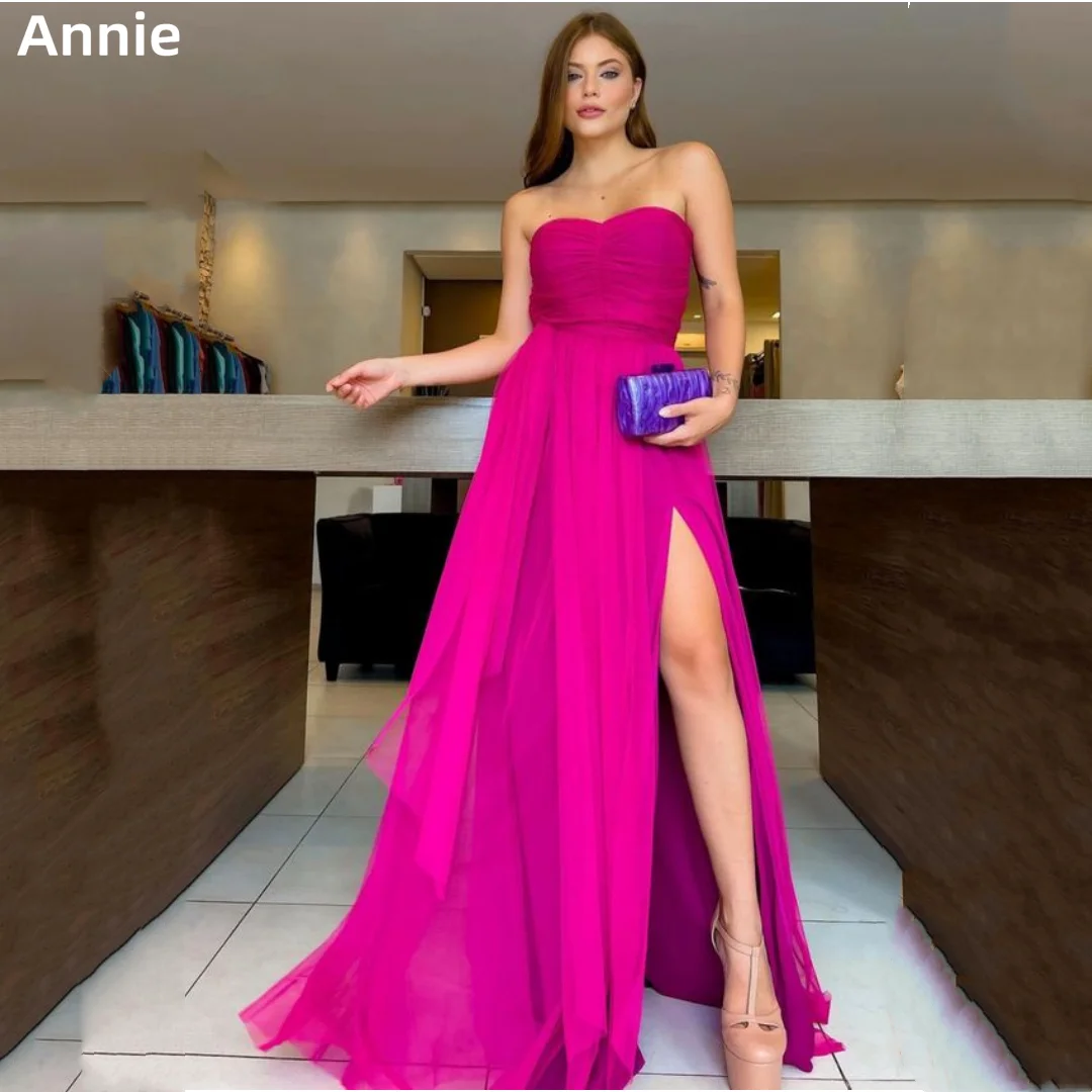 

Annie Sexy Strapless Prom Dresses Side Slit Party Dresses Hot Pink 2023 Elegant Lady Vestidos De Noche فساتين للحفلات الراقصة