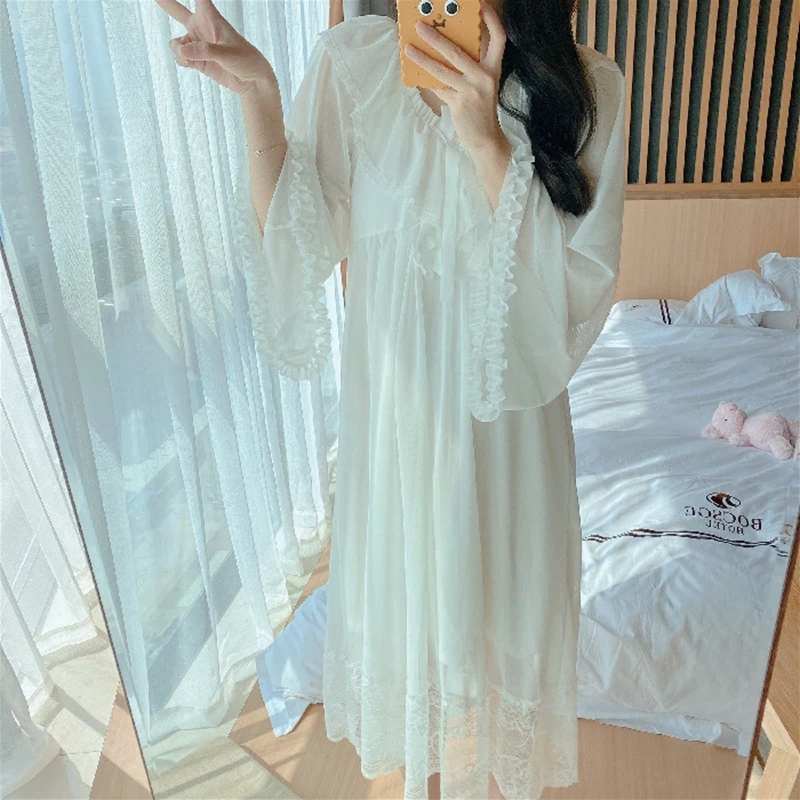 Long White Dress COTTON Nightgowns Women Luxury Homewear Elegant Sleepwear Sleepshirts Nighties Lace Sexy Palace Homewear