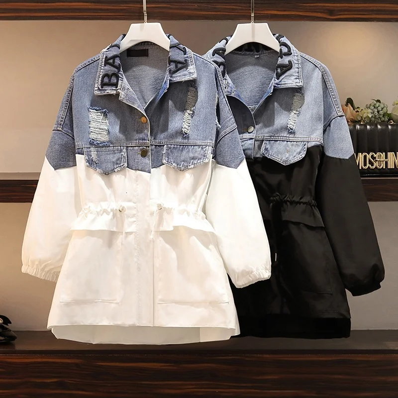 

Denim Splice Letters 2021 New Patchwork Jacket Hole Women Zipper Drawstring Tops Fashion Causal Windbreaker Loose Chic Overcoat
