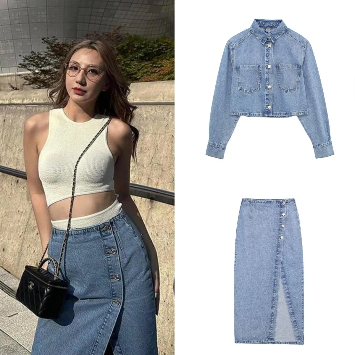 

Spring Summer Blue Denim Skirt Dress Sets Short Single-Breasted Pocket Denim Jacket Coat And High-Waisted Slit Midi Skirt Women