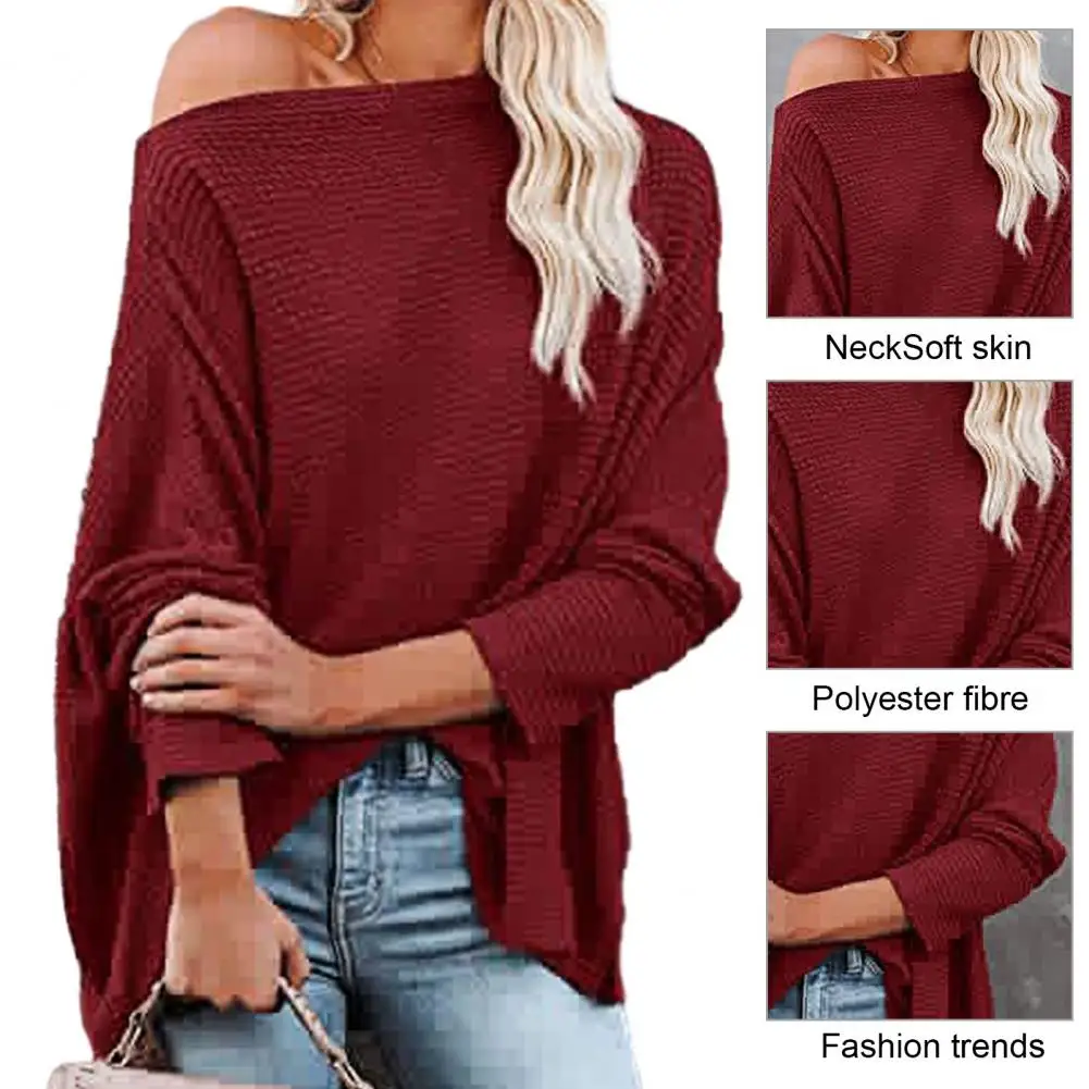 

Women Lightweight Long Sleeve Top Elegant Women's Bat Sleeve Blouse Soft Solid Color Pullover with Oblique Neck Mid for Fall