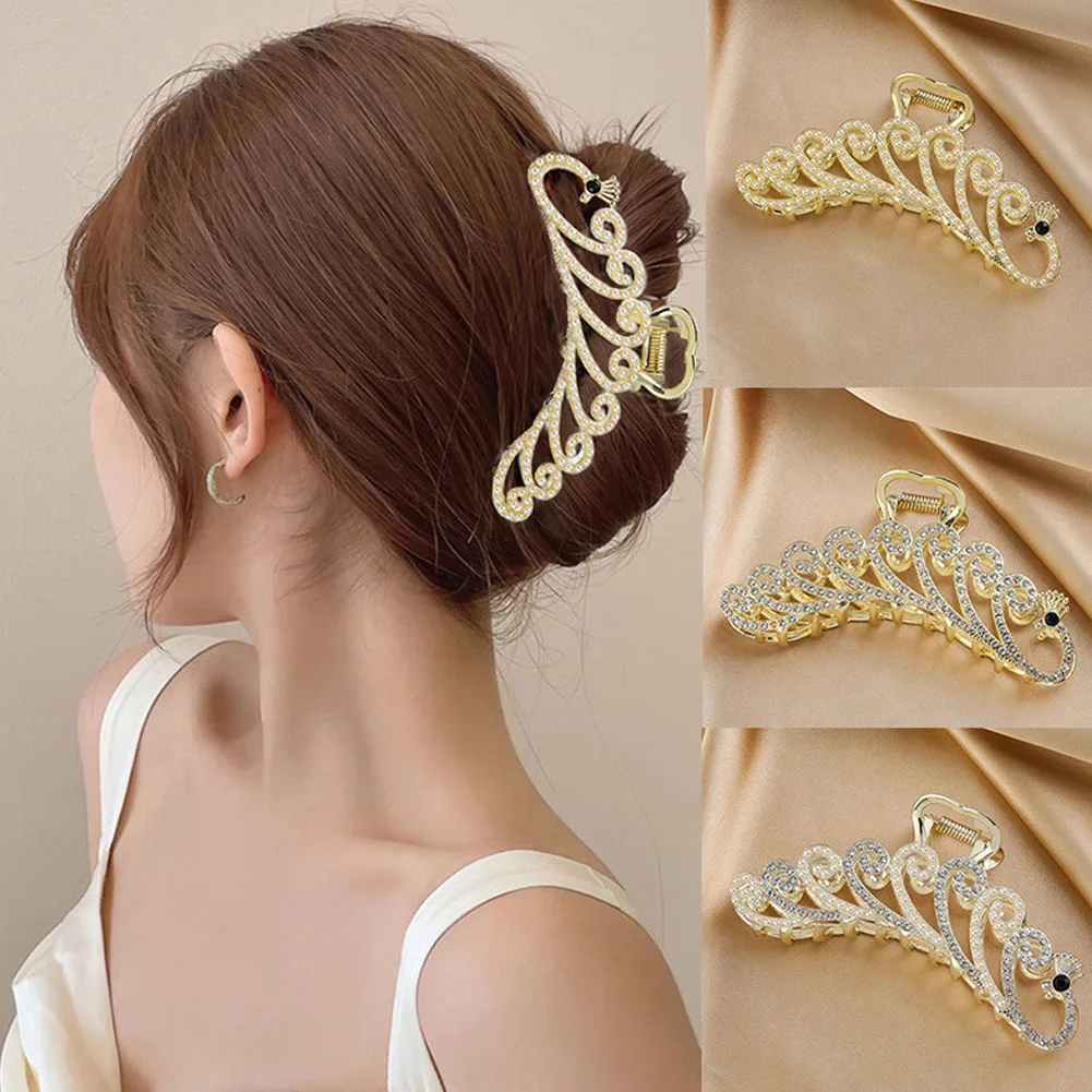 

Korea Peacock Cross Hair Claws INS Style Rhinestone Pearl Girl Hairpin Shark Catch Clip Hair Accessories Women on Back of Head