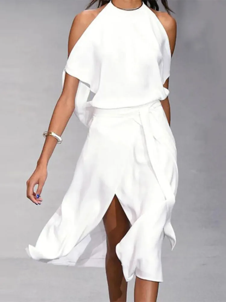 

Mandylandy Women Sexy Cold Shoulder Split Thigh Belted Casual Dress Fashion Female Y2K Summer Loose Evening Dress Streetwear