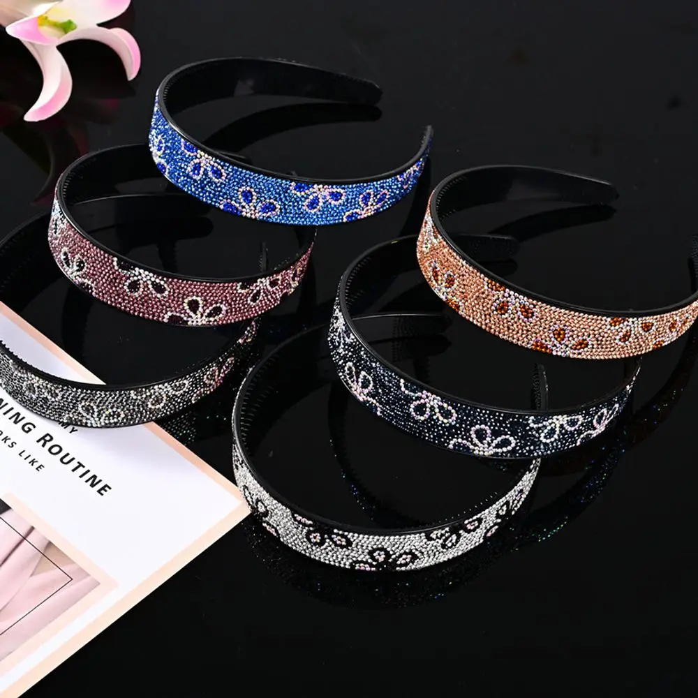 

Elegant Simple Summer Flower Wash Face Rhinestone Wide Edge Headband Headdress Women Hair Hoop Korean Style Hair Hoop