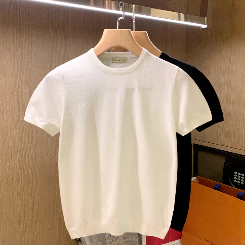 

2022 Summer Knitted Men Short Sleeve Casual Shirt Round Neck Collar Sweater Tee Tops Business Social Bottoming Men Clothing C17