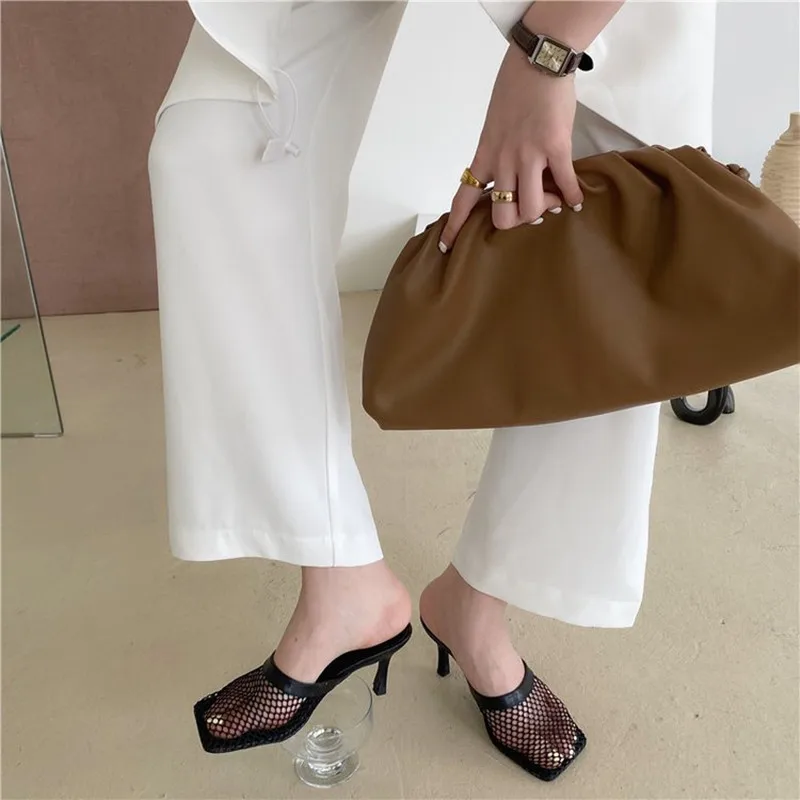 

YTLDWAT 2022 New Hollow Breathable Mesh Woman Thin High Heels Slippers Summer Square Toe Mules Femme Shoes Pumps Sandals