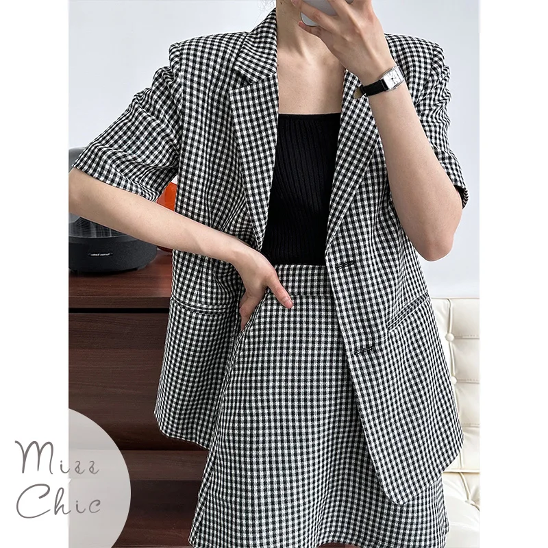 Vintage Sweet Women Plaid Short Sleeve Suit Jacket Coat A-line Short Skirt Halfskirt 2023 Summer Two Piece Korean Fashion Set