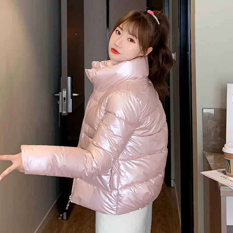 New2022 Collar Women's Winter Puffer  Jacket Long Sleeve Pockets Ladies Slim Parkas Solid Glossy Thick Padded Coat for Femal