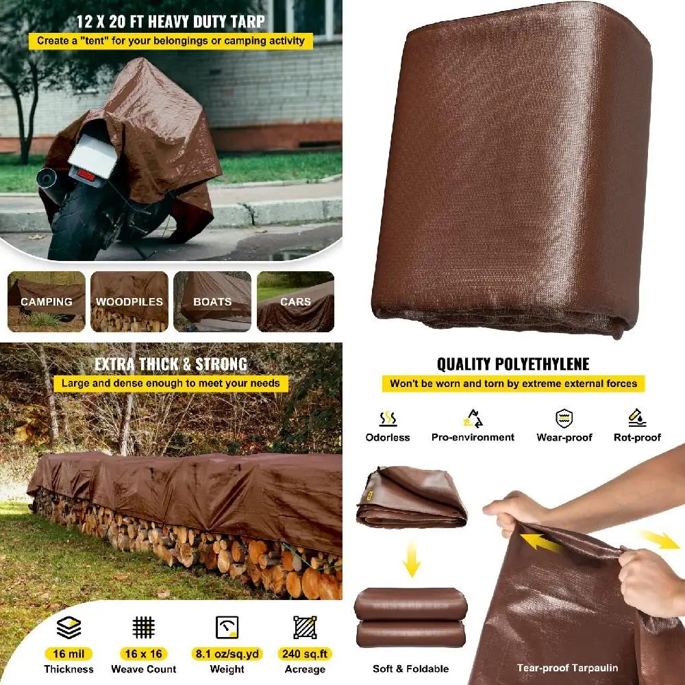 

Stylish Brown Waterproof Outdoor Cover 12 x 20 ft, 16 Mil Thick Soft Polyethylene Tarp with Reinforced Edges, Multi-Purpose Rip