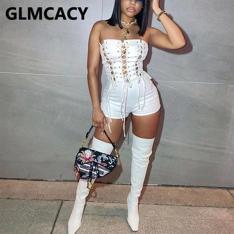 

Women Sexy Sleeveless Strapless Lace Up Romper