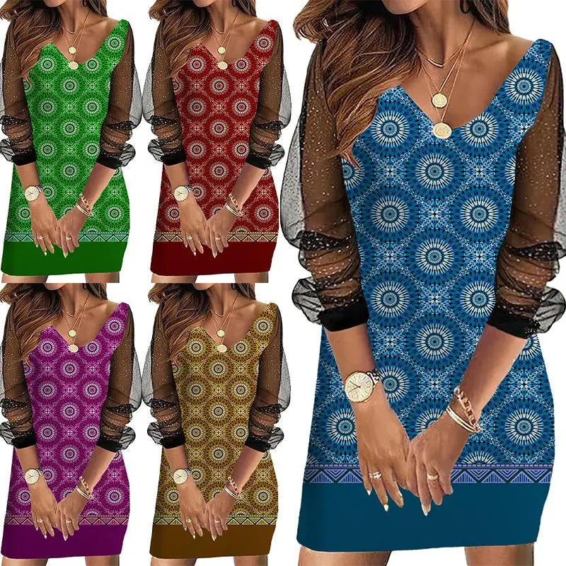 

Summer Women's Plaid Printed Mesh Sleeves Panel Dress Plus Size XS-8XL