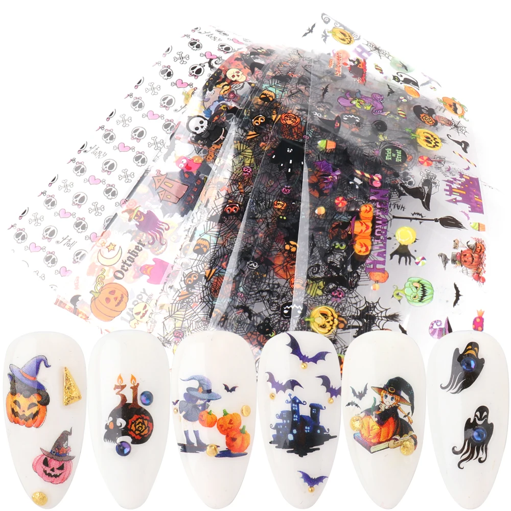 

10 шт. переводная Фольга для ногтей на Хэллоуин,фольги для ногтей, наклейки на Хэллоуин, черепа наклейки на ногти, тыква, приведение, ведьма, для дизайна ногтей, все для маникюра