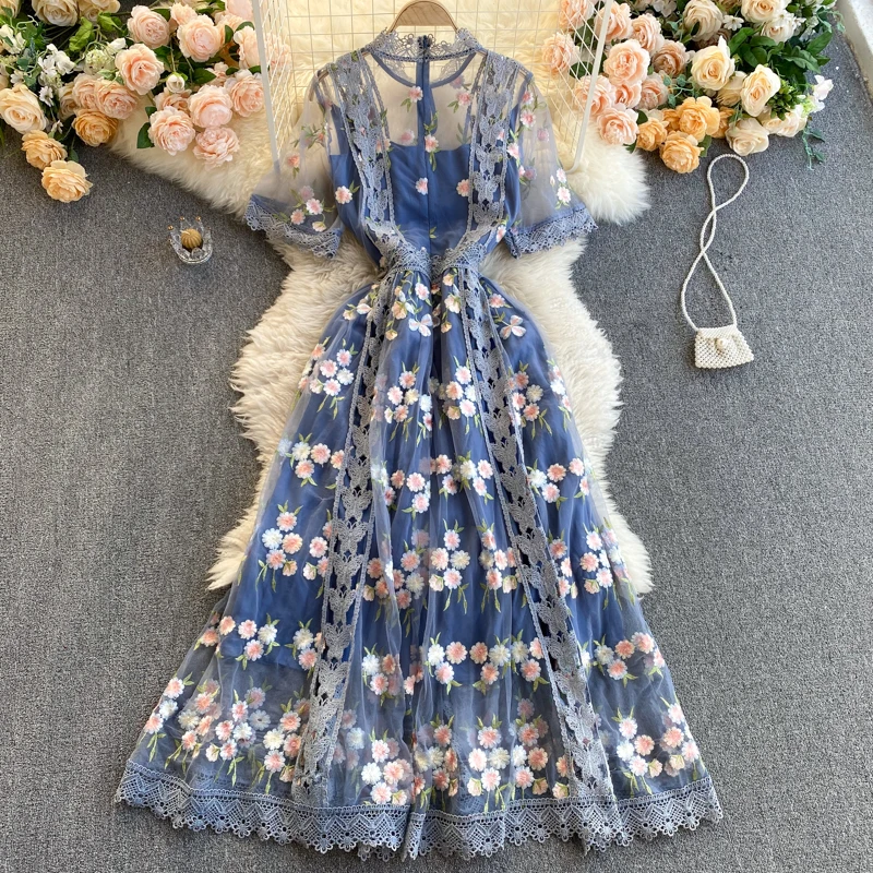 

Spring Autumn Runway Flower Embroidery Dress Women's Flare Sleeve Stand Floral Blue Hollow out Embroidered Long Mesh Dresses